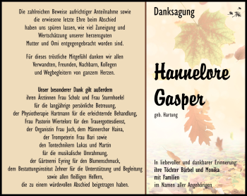 Traueranzeige von Hannelore Gasper von Südthüringer Presse