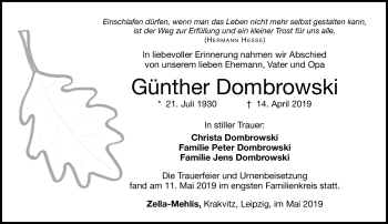 Traueranzeige von Günter Dombrowsk von Südthüringer Presse