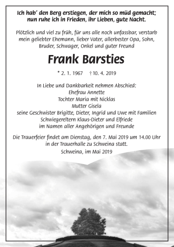 Traueranzeige von Frank Barsties von Südthüringer Presse