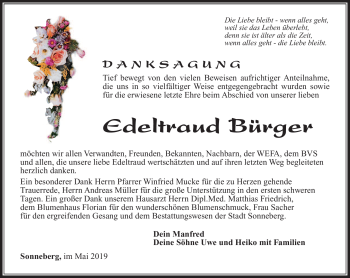 Traueranzeige von Edeltraud Bürger von Südthüringer Presse