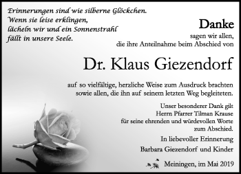 Traueranzeige von Dr. Klaus Giezendorf von Südthüringer Presse