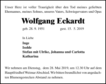 Traueranzeige von Wolfgang Eckardt von Südthüringer Presse