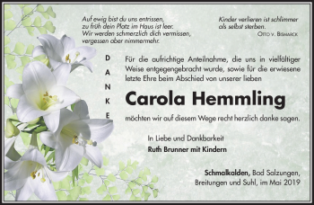 Traueranzeige von Carola Hemmling von Südthüringer Presse