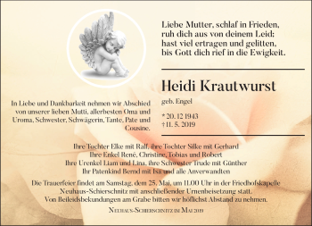 Traueranzeige von Heidi Krautwurst von Südthüringer Presse