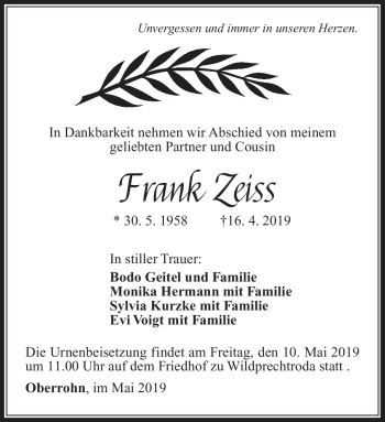 Traueranzeige von Frank Zeiss von Südthüringer Presse