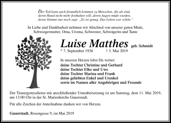 Traueranzeige von Luise Matthes von Südthüringer Presse