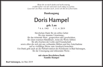 Traueranzeige von Doris Hampel von Südthüringer Presse