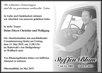 Traueranzeige von Steffen Blum von Südthüringer Presse