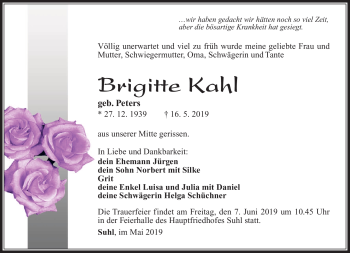 Traueranzeige von Brigitte Kahl von Südthüringer Presse