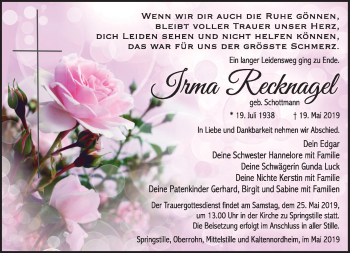 Traueranzeige von Irma Recknagel von Südthüringer Presse