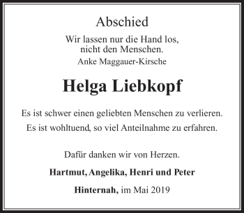 Traueranzeige von Helga Liebknopf von Südthüringer Presse