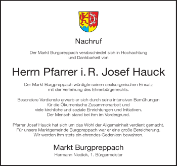 Traueranzeige von Josef Hauck von Neue Presse Coburg