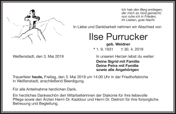 Traueranzeige von Ilse Purrucker von Frankenpost