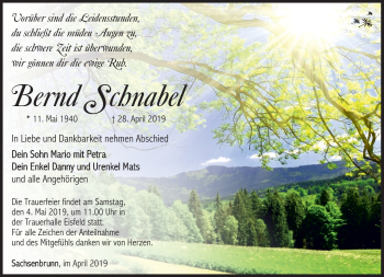 Traueranzeige von Bernd Schnabel von Südthüringer Presse