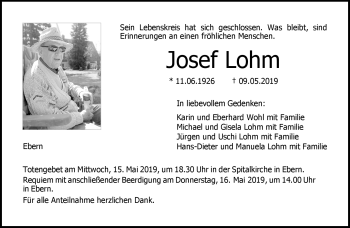 Traueranzeige von Josef Lohm von Neue Presse Coburg