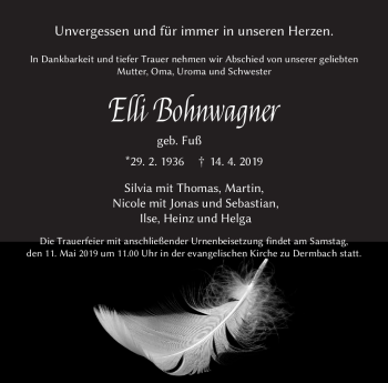 Traueranzeige von Elli Bohnwanger von Südthüringer Presse