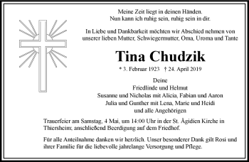 Traueranzeige von Tina Chudzik von Frankenpost