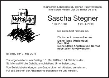 Traueranzeige von Sascha Stegner von Neue Presse Coburg