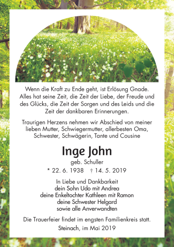 Traueranzeige von Inge John von Südthüringer Presse