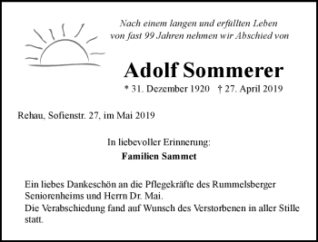 Traueranzeige von Adolf Sommerer von Frankenpost