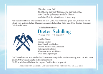 Traueranzeige von Dieter Schilling von Südthüringer Presse