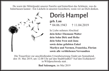 Traueranzeige von Doris Hampel von Südthüringer Presse
