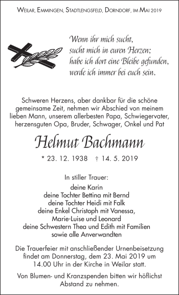 Traueranzeige von Helmut Bachmann von Südthüringer Presse