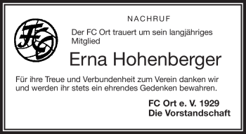 Traueranzeige von Erna Hohenberger von Frankenpost