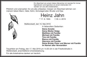 Traueranzeige von Heinz Jahn von Frankenpost