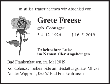 Traueranzeige von Grete Freese von Südthüringer Presse