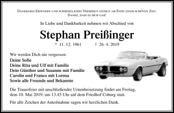 Traueranzeige von Stephan Preißinger von Neue Presse Coburg