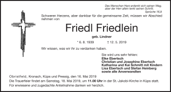 Traueranzeige von Friedl Friedlein von Neue Presse Coburg