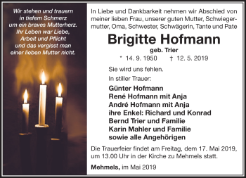 Traueranzeige von Brigitte Hofmann von Südthüringer Presse