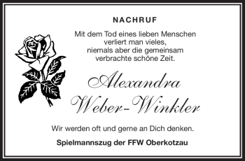 Traueranzeige von Alexandra Weber-Winkler von Frankenpost