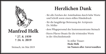 Traueranzeige von Manfred Helk von Südthüringer Presse