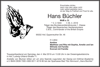 Traueranzeige von Hans Büchler von Frankenpost
