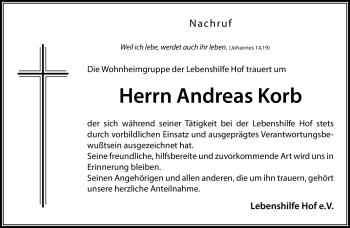 Traueranzeige von Andreas Korb von Frankenpost