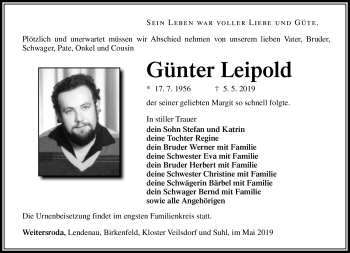 Traueranzeige von Günter Leipold von Südthüringer Presse