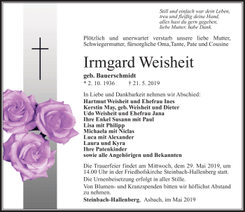 Traueranzeige von Irmgard Weisheit von Südthüringer Presse