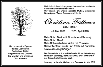 Traueranzeige von Christina Fütterer von Südthüringer Presse