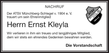 Traueranzeige von Ernst Kleyla von Frankenpost