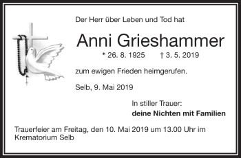 Traueranzeige von Anni Grießhammer von Frankenpost