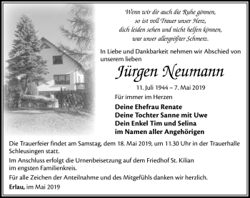 Traueranzeige von Jürgen Neumann von Südthüringer Presse