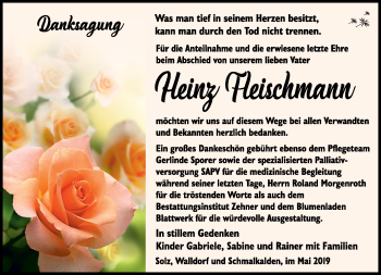 Traueranzeige von Heinz Fleischmann von Südthüringer Presse