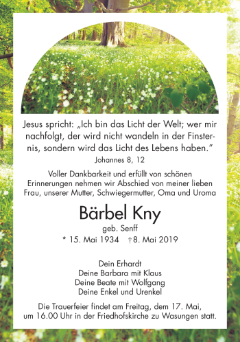 Traueranzeige von Bärbel Kny von Südthüringer Presse