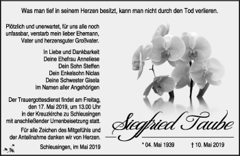 Traueranzeige von Siegfried Taube von Südthüringer Presse