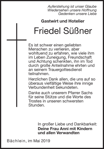Traueranzeige von Friedel Süßner von Neue Presse Coburg