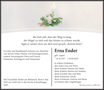 Traueranzeige von Erna Ender von Südthüringer Presse