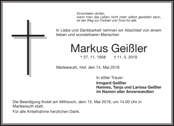 Traueranzeige von Markus Geißler von Frankenpost