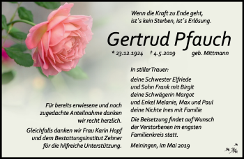 Traueranzeige von Gertrud Pfauch von Südthüringer Presse
